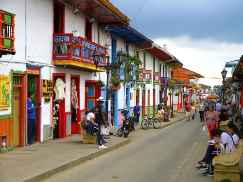 The colourful houses of Calle Real with at the end the stairs to Mirador Salento Colombia