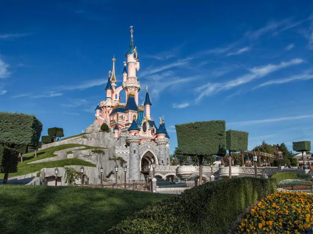 shot of sleeping beauty castle in Paris Disneyland during a sunny day