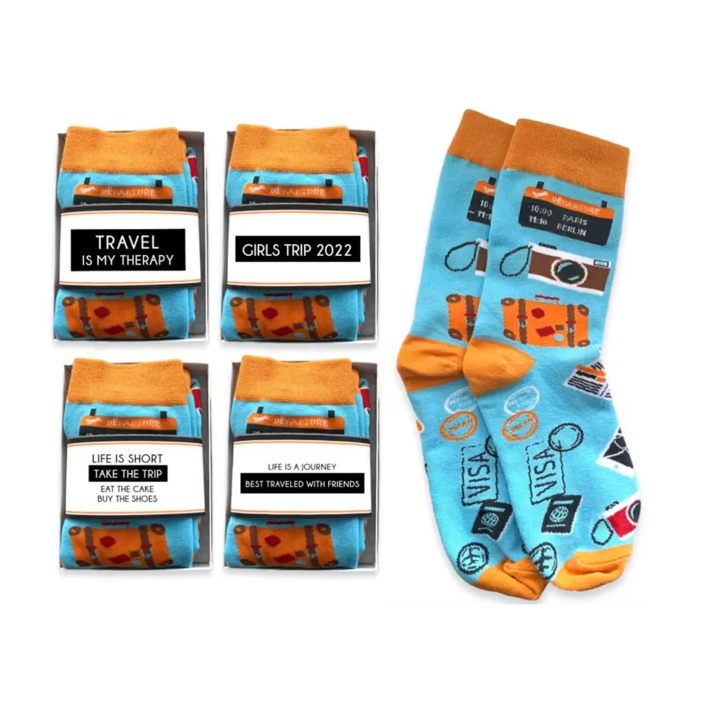 Five pairs of colourful travel-themed socks