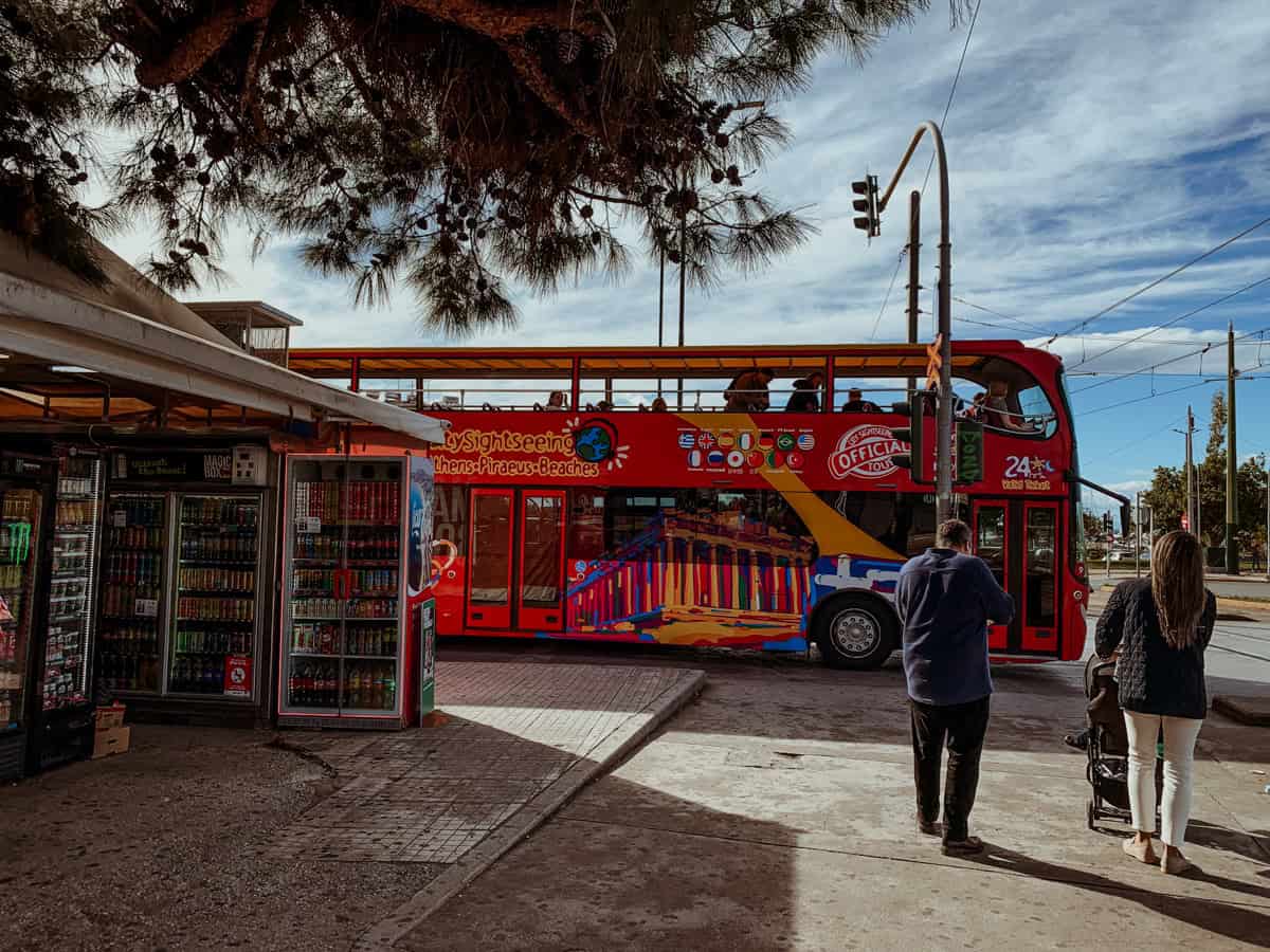The red hop on hop off bus we took in Greece Athens.