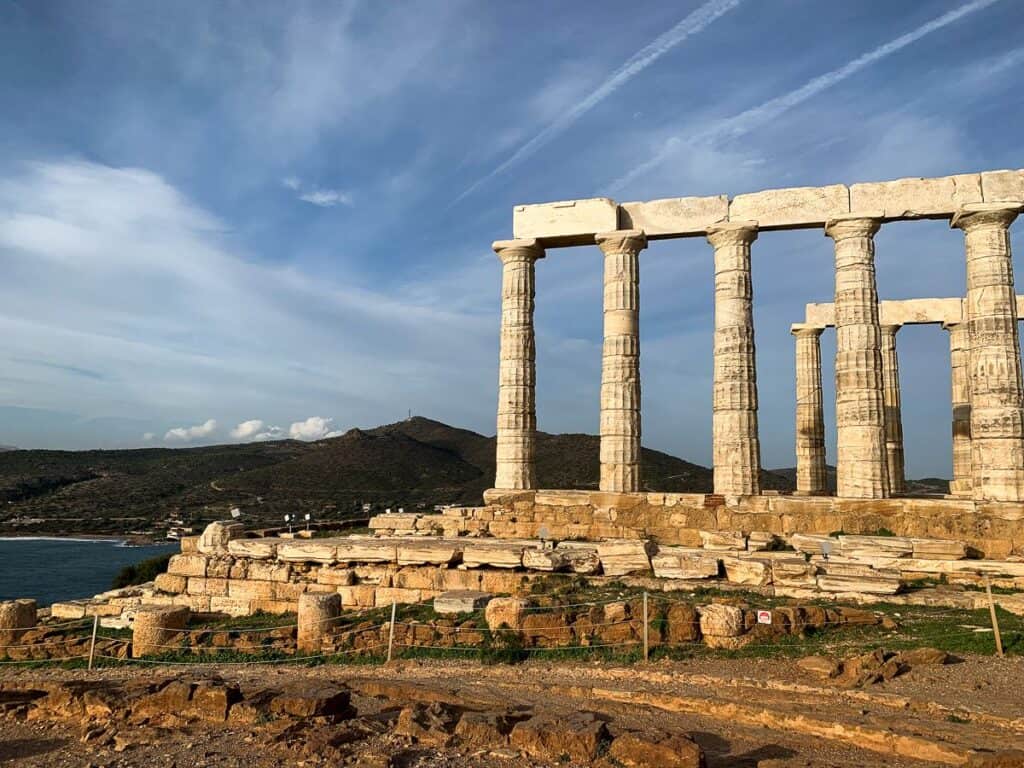 The columns of the temple and nearby boulders.