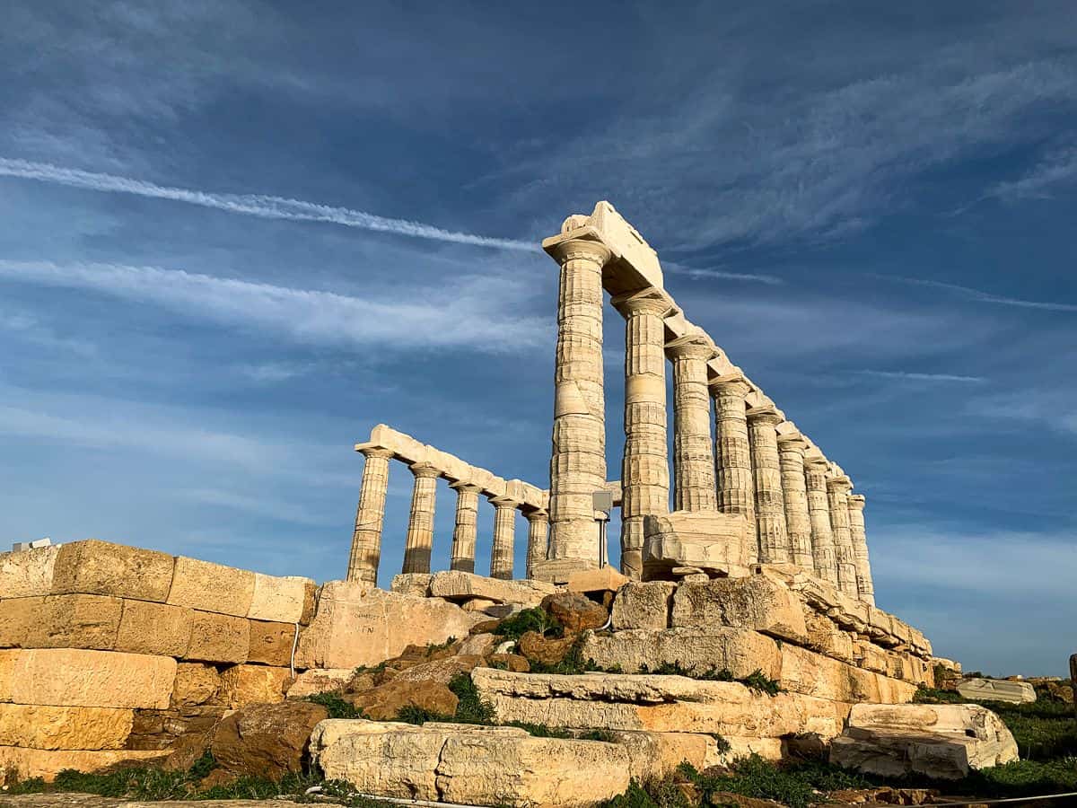 Majestic closeup view of the pillars of the Temple of Poseidon.