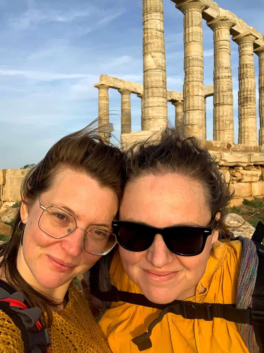 Babs and Kath near the Temple of Poseidon.