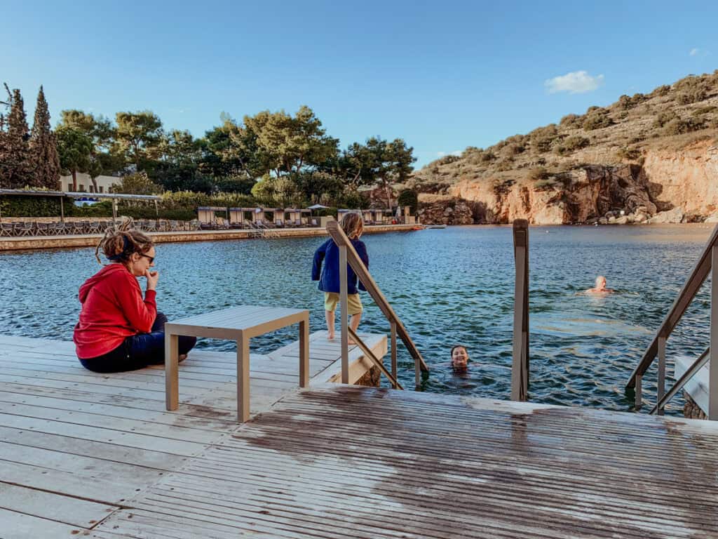 The kids and Kath dipping their feet on the lake.