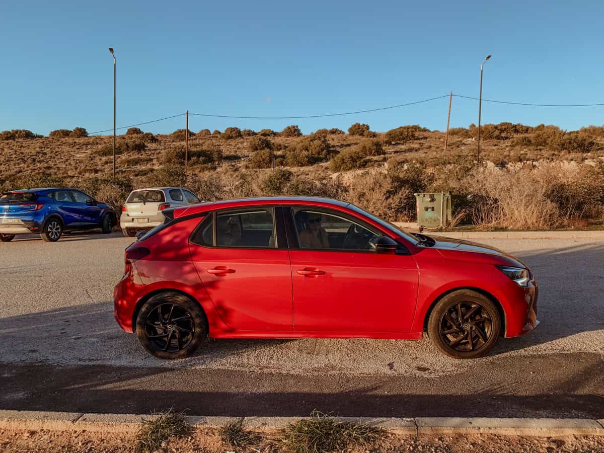 Our red car on our Saronida road trip.