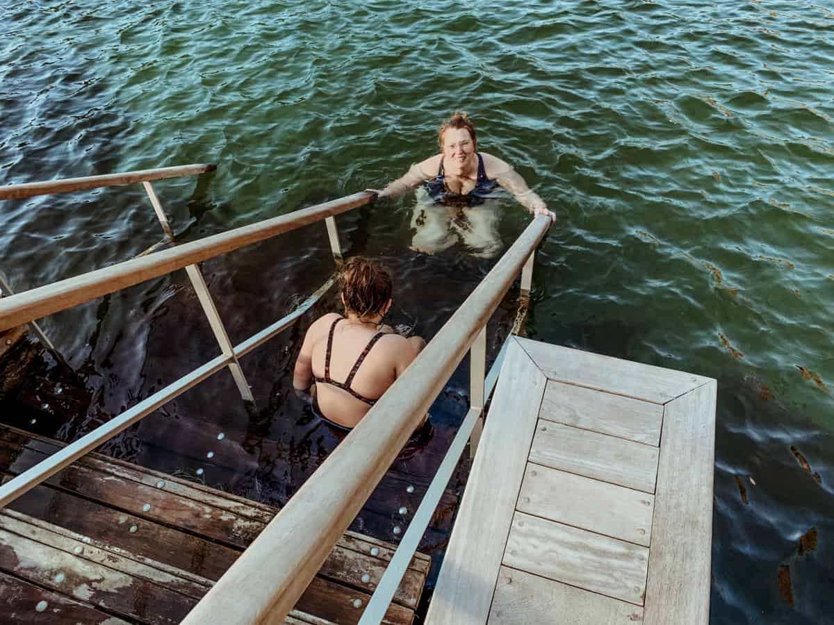 Babs and N soaking in the lake of Vouliagmeni.