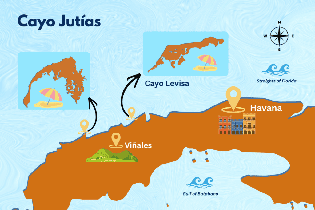 Custom map of Cayo Jutias, Cayo Levisa, Viñales and Havana.