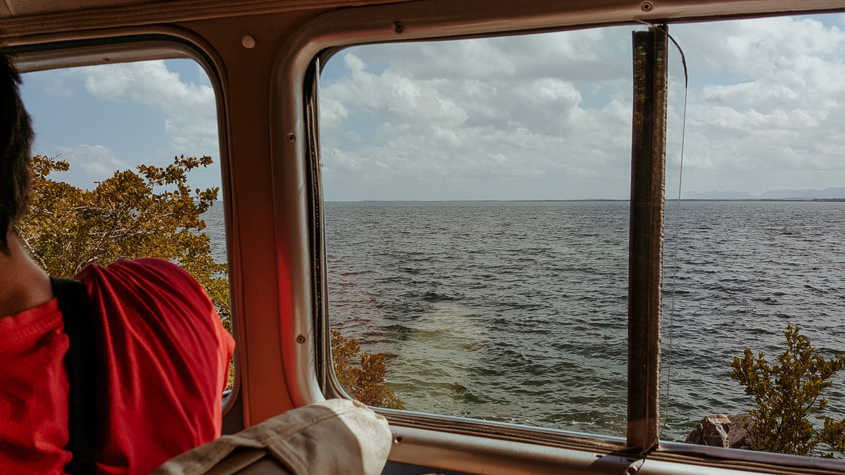 Sea view through a Jeep window during a trip to Cayo Jutías from Viñales.