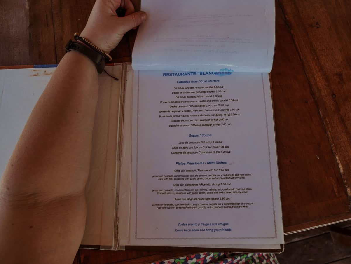 A menu from Restaurante Blancarena.