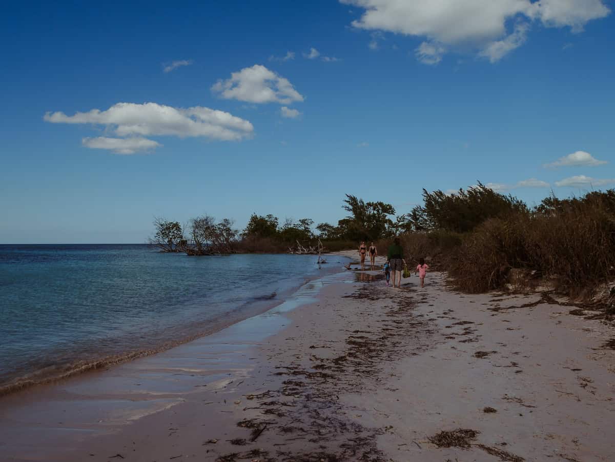 A casual stroll on a sandy shore with other beachgoers.