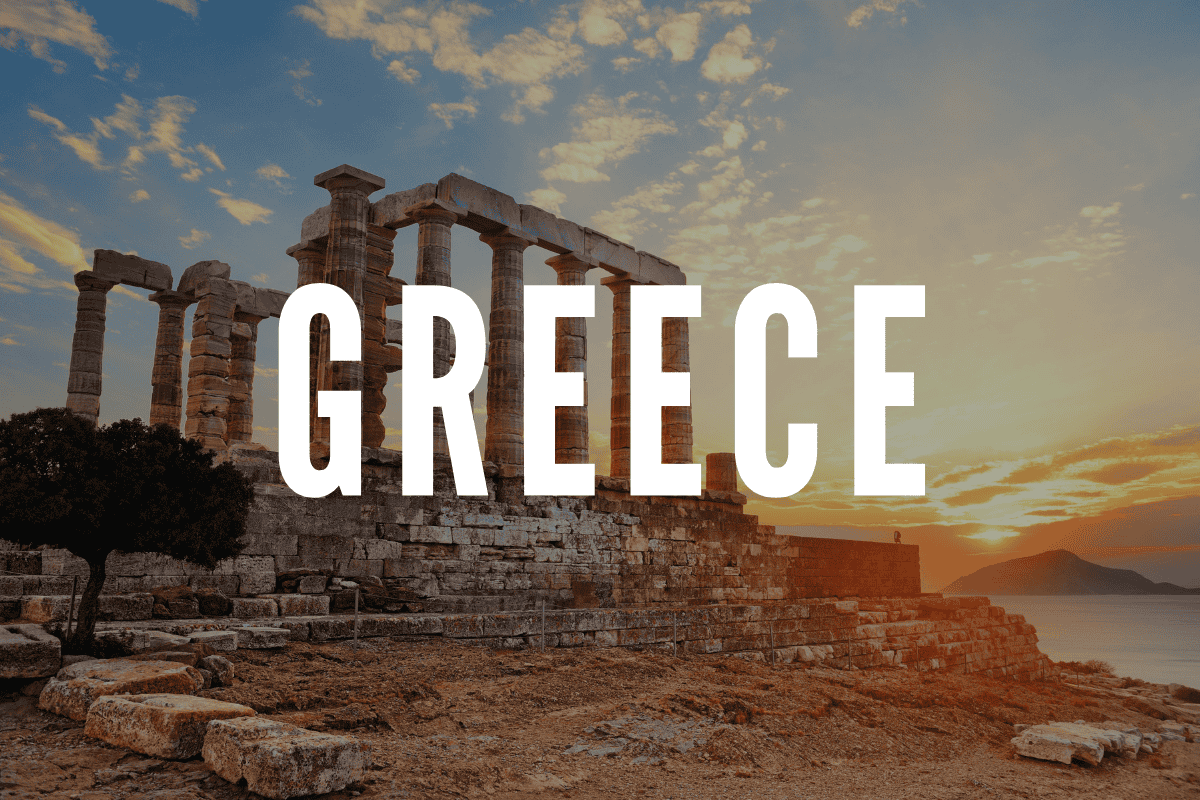 Ancient Greek ruins with sunset sky, highlighting Greece's historic landmarks and scenic beauty.