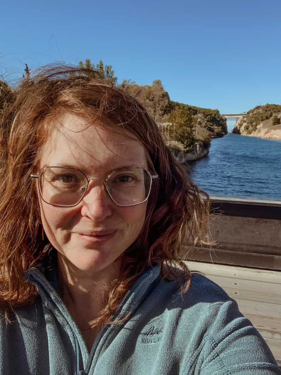 A selfie of Babs with the Corinth Canal in the background.