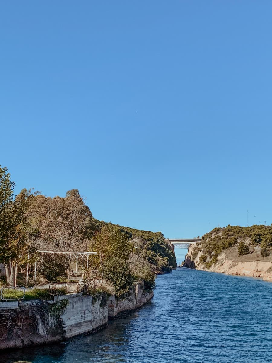 Low-angle view of Corinth Canal bridge.