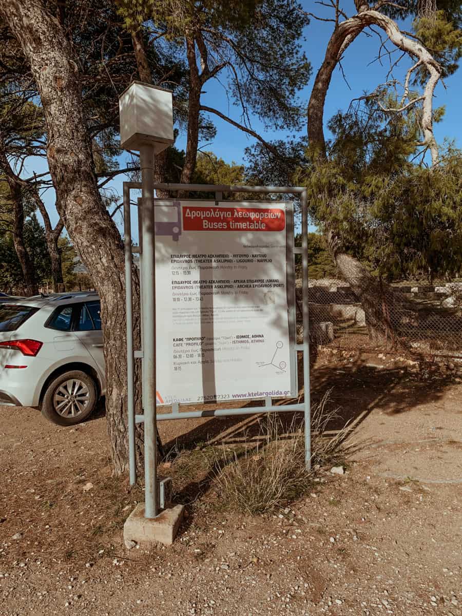The current bus timetable at the Sanctuary of Asklepios archaeological site.