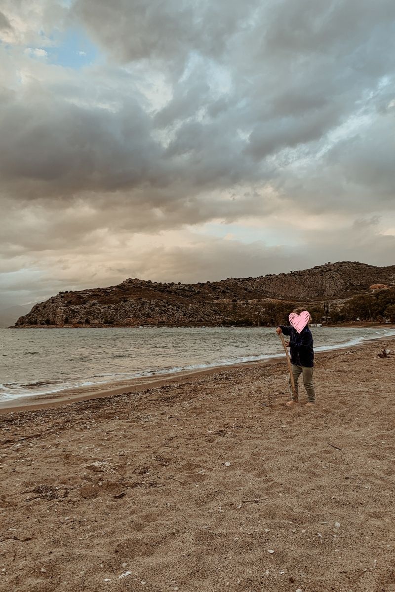 Oscar stands on a sandy beach holding a stick, with hills and a cloudy sky behind him.