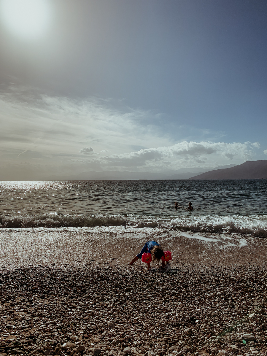 Oscar plays in the sand at the water's edge on Paralia Arvanitias.