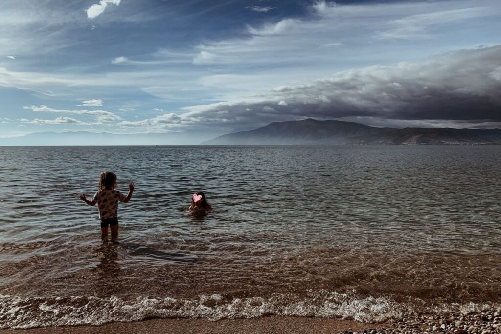 Oscar stands in shallow water near the pebble shore while Norah swims nearby. Mountains and cloudy skies are in the background.